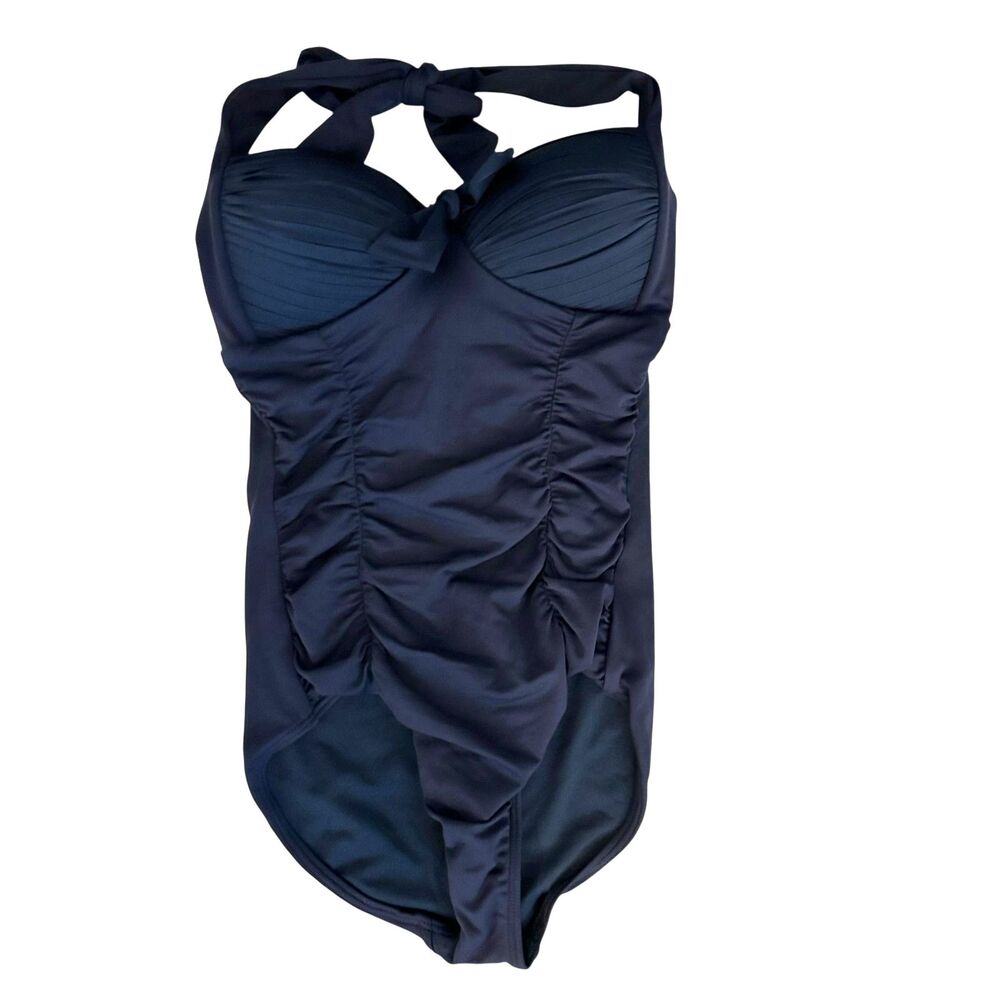 Seafolly Australia Navy Blue Ruched Tie Back Halter Bathing Suit Size 10